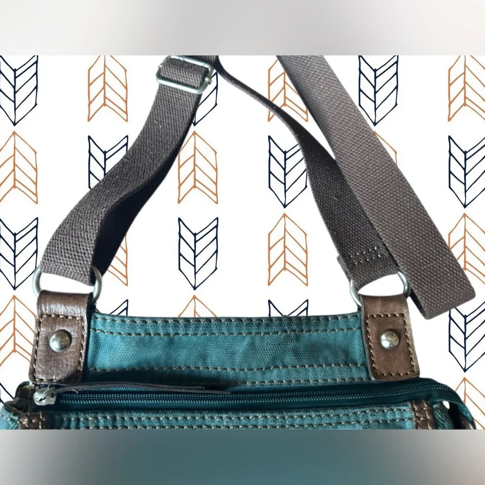 Fossil Teal Green Velvet Corduroy with Brown Leather Trim & Stitching Crossbody